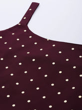 Burgundy Polka Dots Printed Net Tunic With Lace Inserts-AHTUNTFP-8127